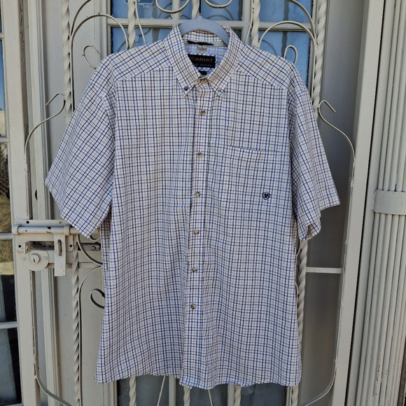 Ariat Pro Series Plaid Brown Tan Button-Down Short Sleeve Shirt Men Size X-Large - Picture 4 of 16
